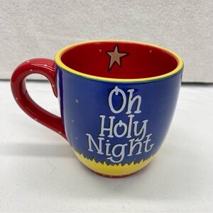 Glory Haus Oh Holy Night Nativity Ceramic Mug 16 oz. - Blue, Red & Yellow Trim